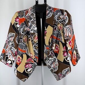 Lavender & Honey Womens Floral Abstract Open Front Blazer Orange Brown Small